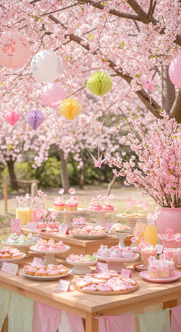 Kersenbloesem desserttafel met roze lekkernijen, lampionnen en bloesemtakken.