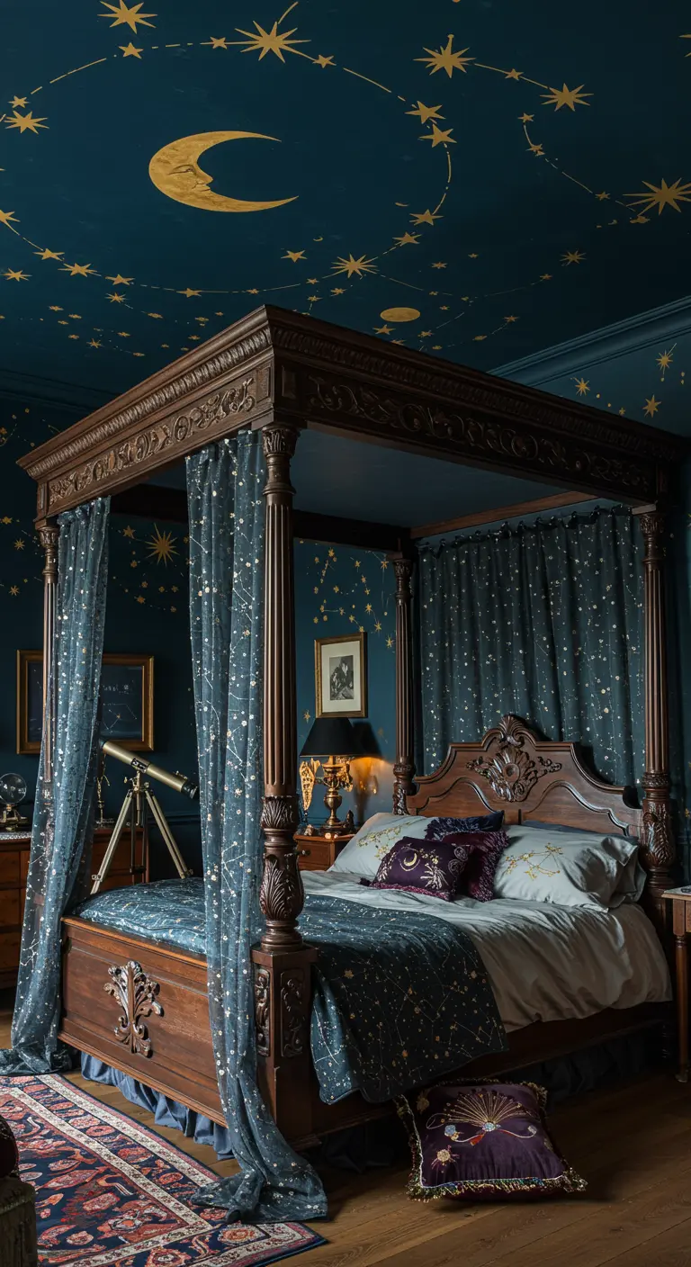 Magische slaapkamer met donkerblauw sterrenplafond, houten hemelbed en maan- en sterrendecoraties.