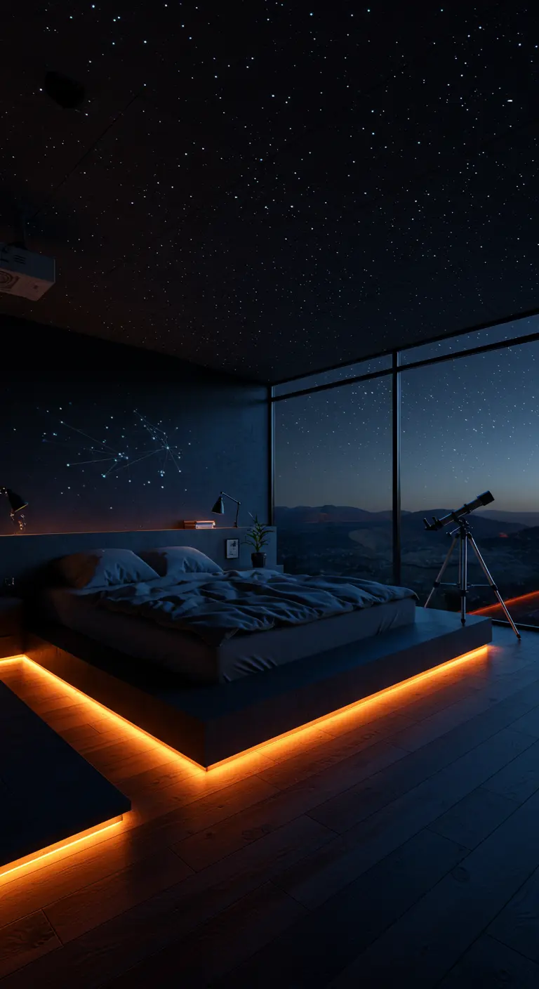 Donkere slaapkamer met sterrenprojectie op het plafond en sfeervolle LED-verlichting onder het bed.