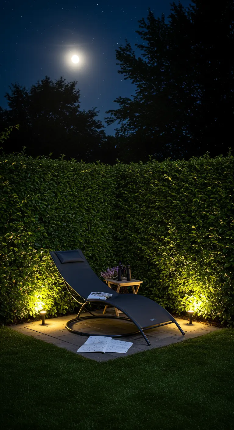 Loungebed in de tuin 's nachts, verlicht door grondspots en de maan (sfeerinspiratie).