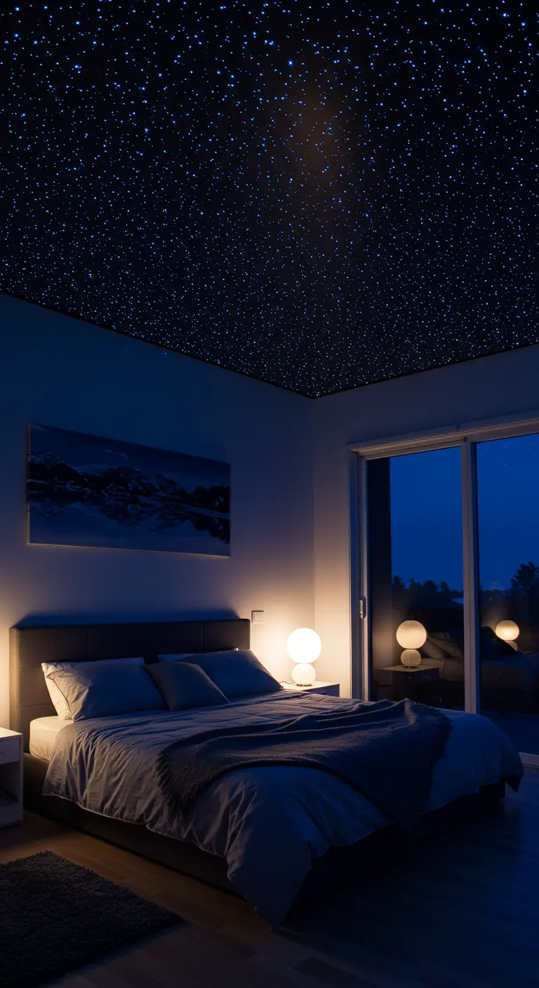 Slaapkamer met een projector die een sterrenhemel op het plafond projecteert.