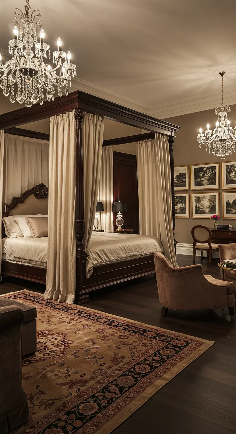 Klassieke slaapkamer met donkerhouten hemelbed, kroonluchters en Perzisch tapijt.