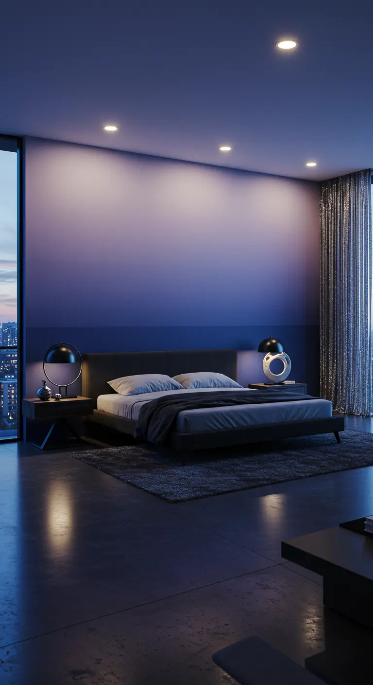 Moderne slaapkamer met paarsblauw kleurverloop op de muur achter het bed.