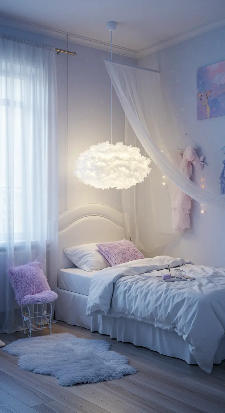 Witte, pluizige wolkenlamp hangt boven een bed in een lichte slaapkamer met zachte kleuren.