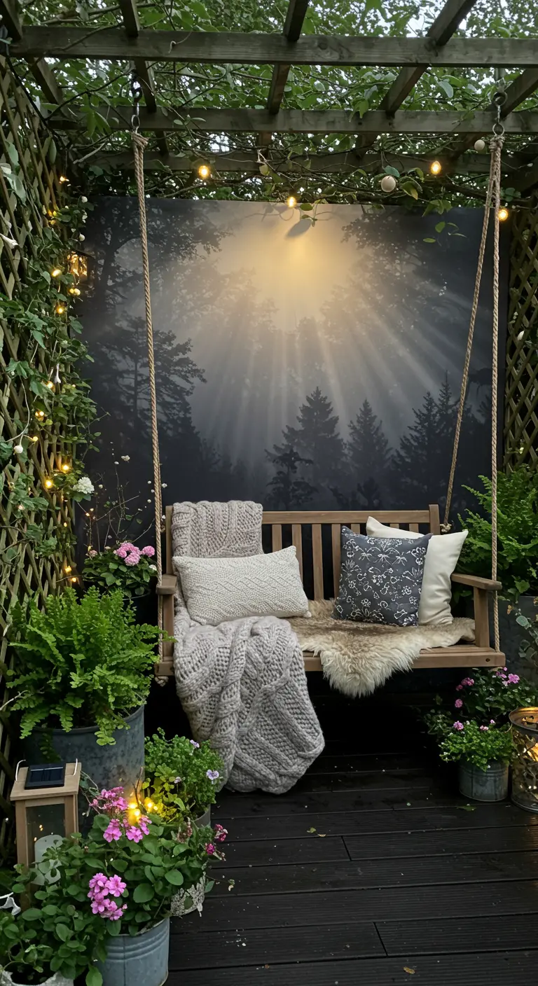 Tuinschommel met boslandschap buitenbehang, sfeerverlichting en knusse kussens onder pergola.