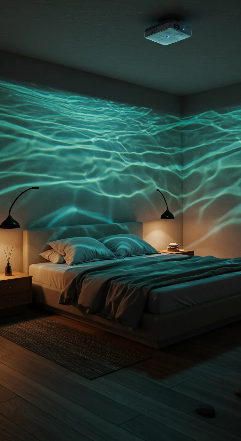 Donkere slaapkamer met een projector die waterreflecties op de muren projecteert.
