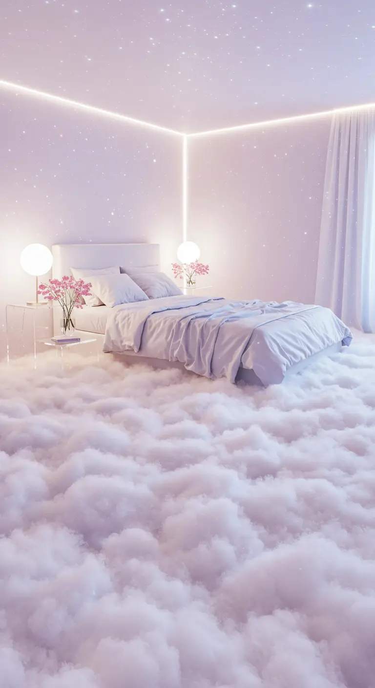 Dromerige slaapkamer met een vloer die volledig bedekt is met een wit, wolkenachtig tapijt.