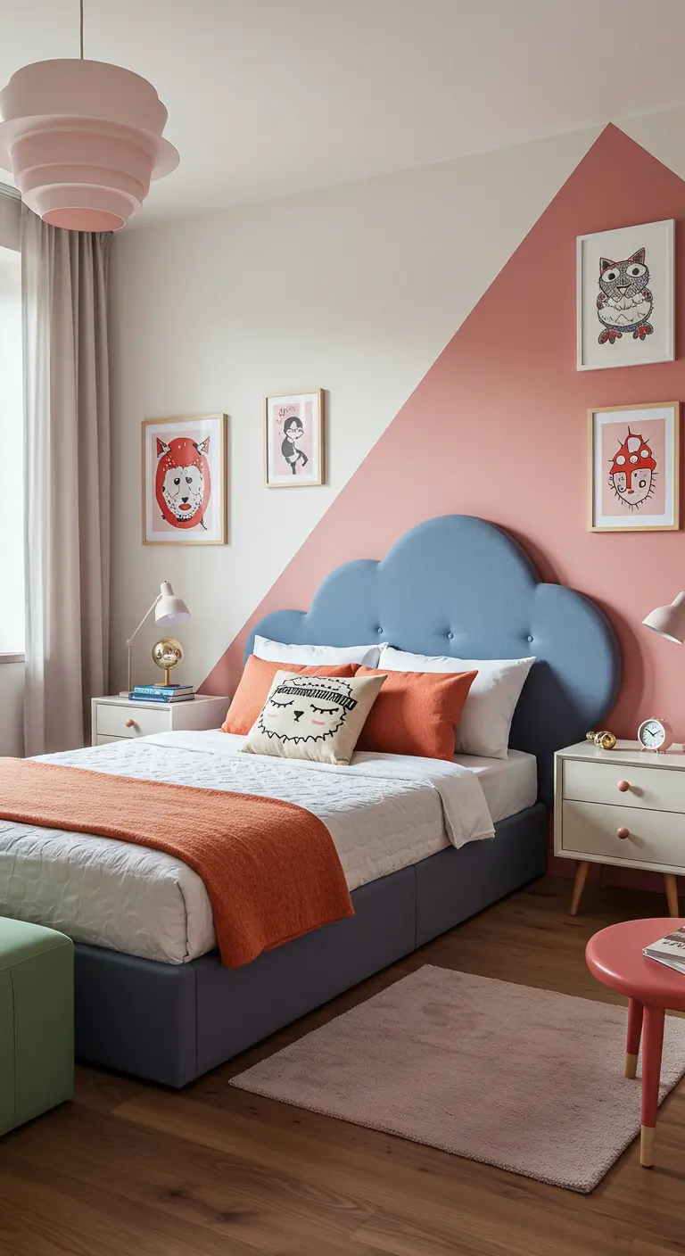 Kinderbed met een blauw, wolk-vormig gestoffeerd hoofdbord.