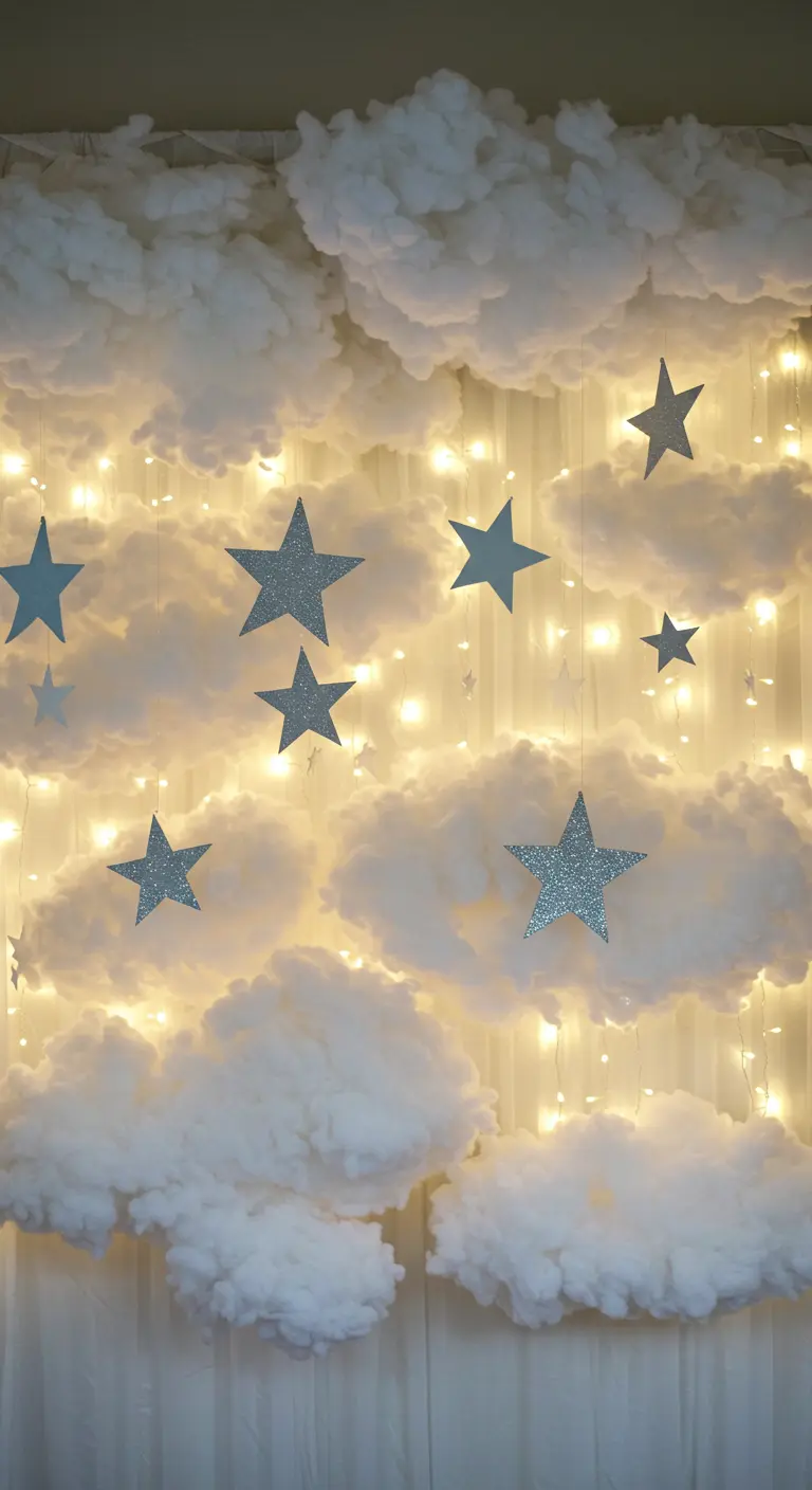 DIY backdrop van witte watten als wolken, met lichtjes en glittersterren.