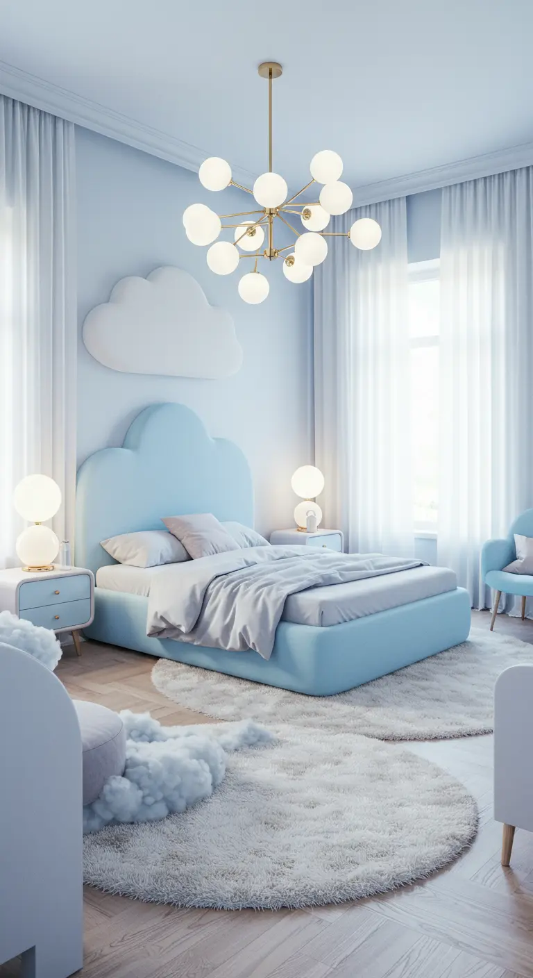 Kinderkamer in pastelblauw met wolkenthema en ronde vloerkleden.