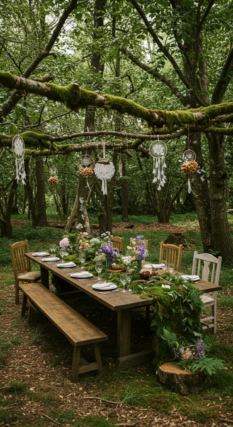 Houten tafel in het bos, versierd met mos, bloemen en hangende dromenvangers.