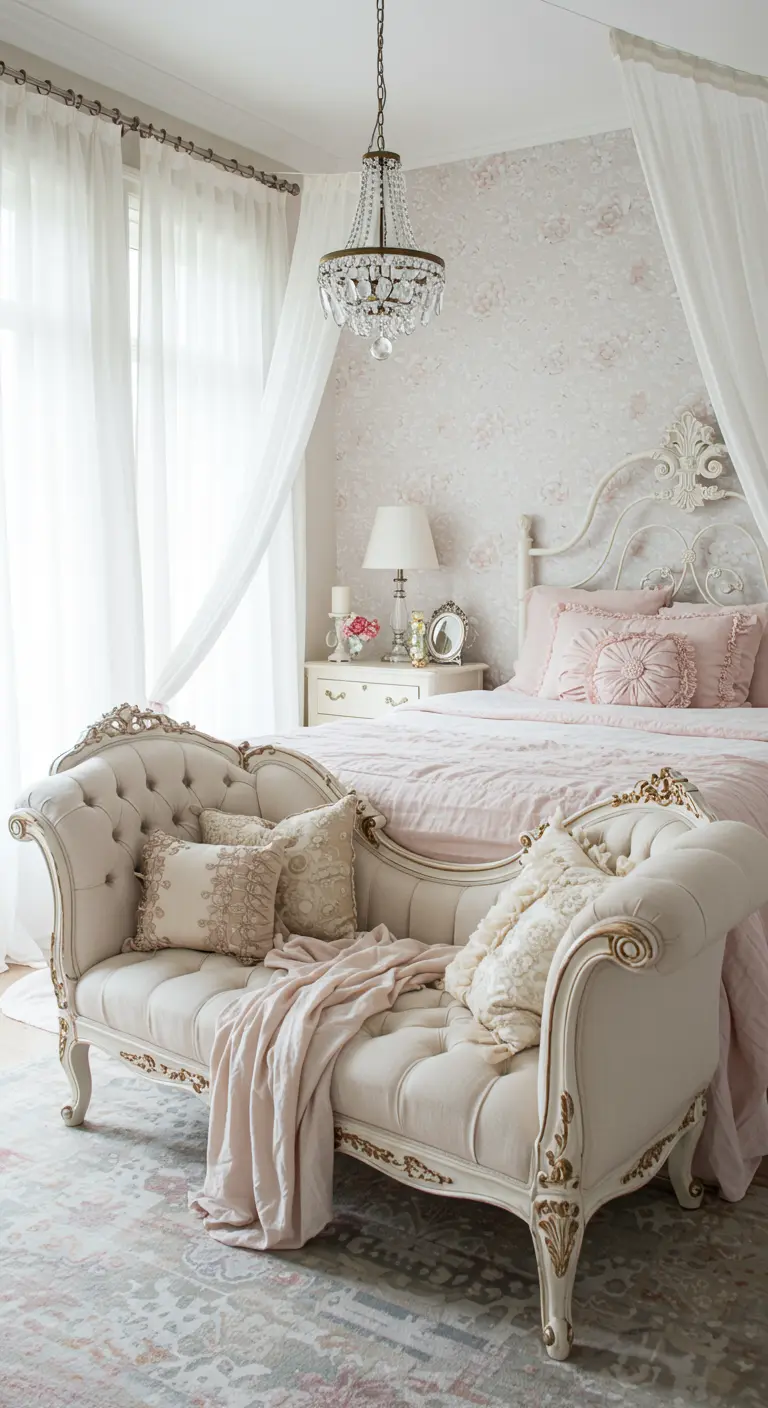 Romantische slaapkamer met een wit metalen bed en een sierlijk wit daybed met roze kussens.