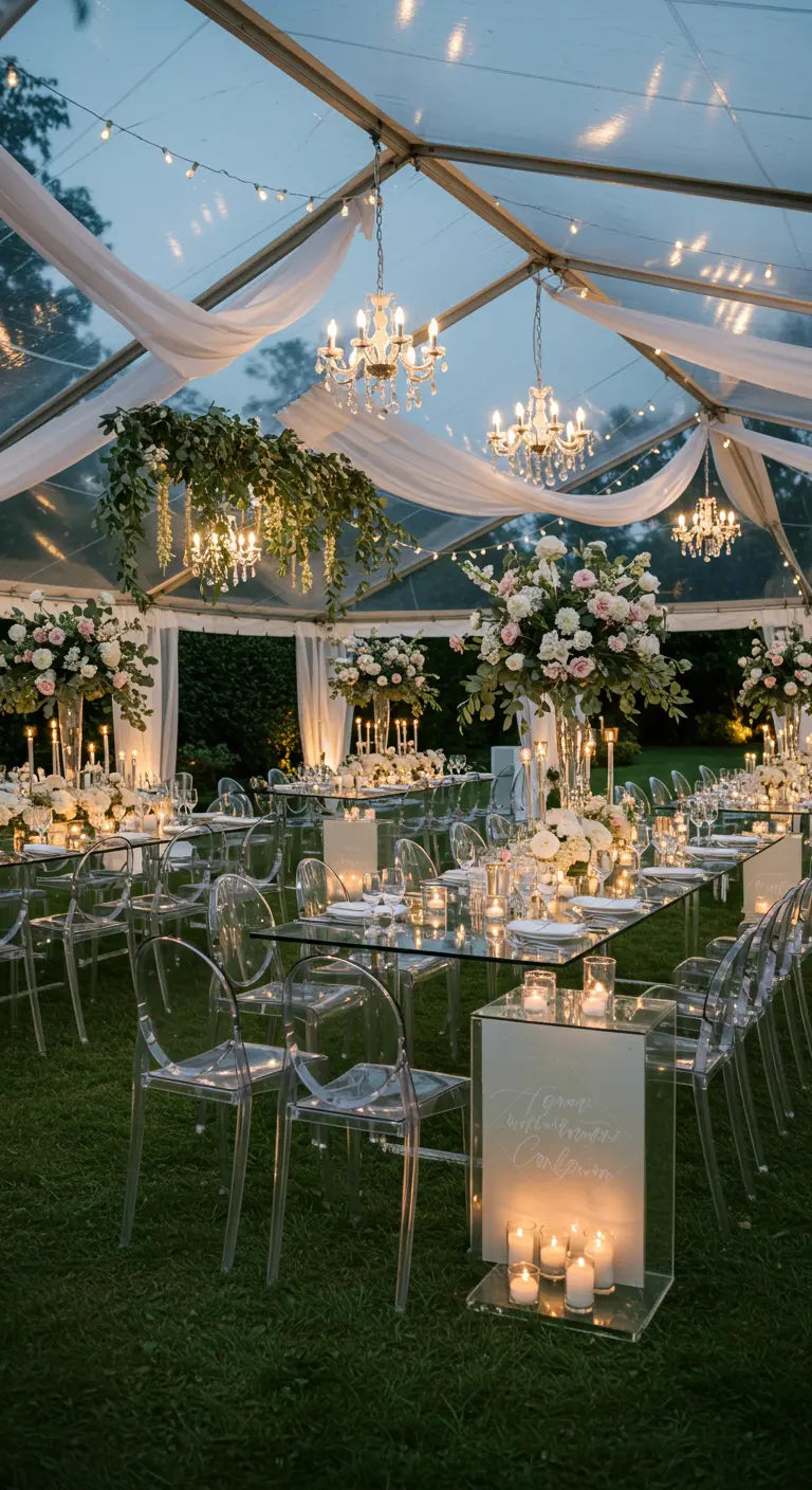 Lange eettafels met plexiglas stoelen onder een transparante tent met lichtslingers en kroonluchters.