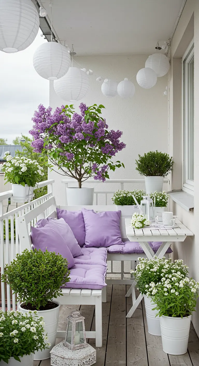 Wit balkon met lila kussens op een witte bank, seringen, groene planten en witte lampionnen.