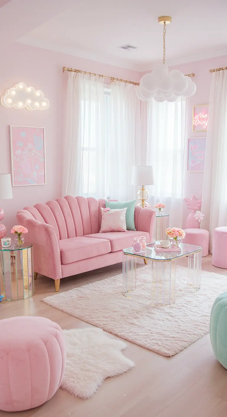 Roze woonkamer met fluwelen bank, wolk lamp en gouden accenten.