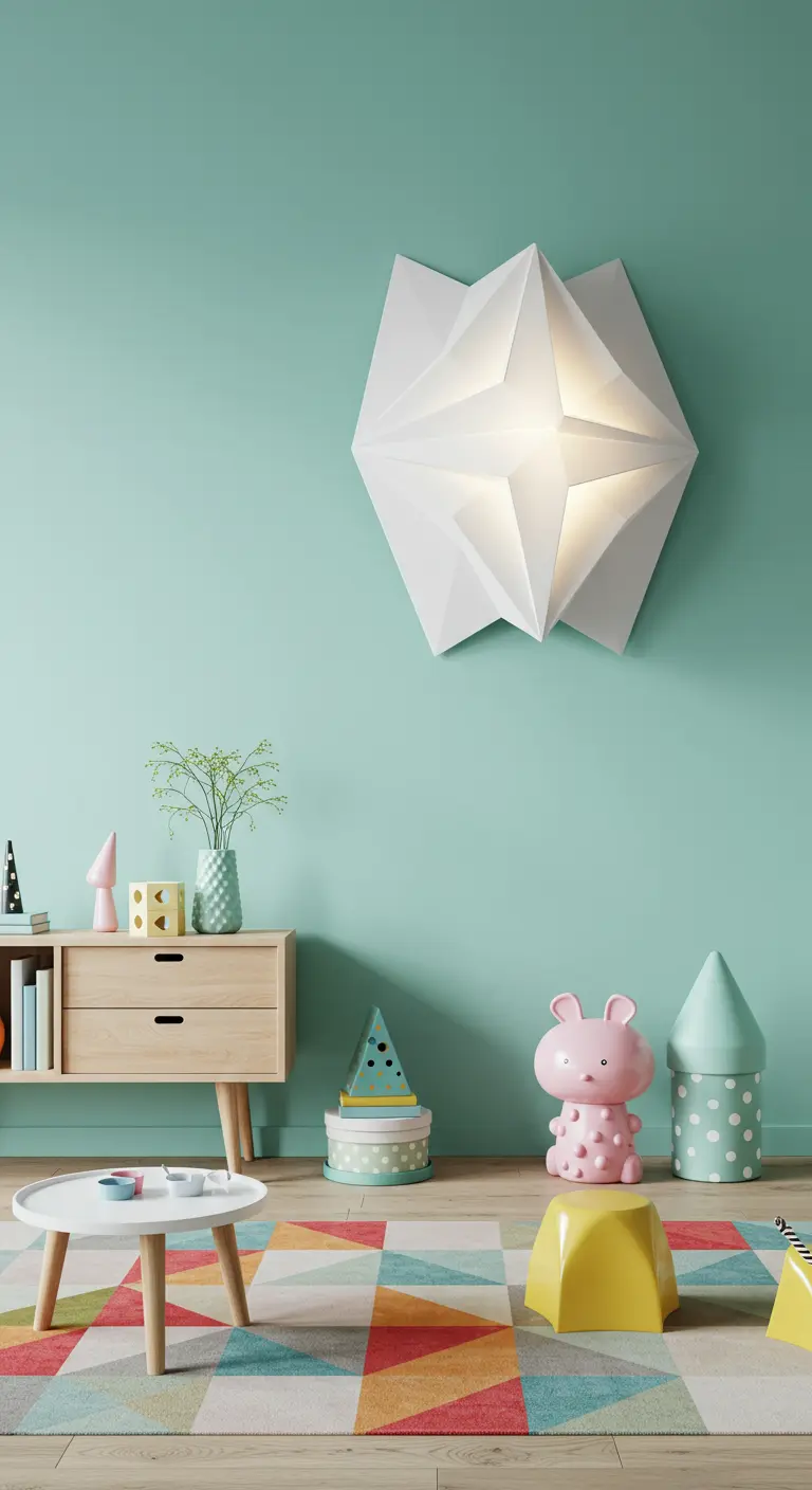 Kinderkamer met mintgroene muur en een witte origami ster wandlamp.
