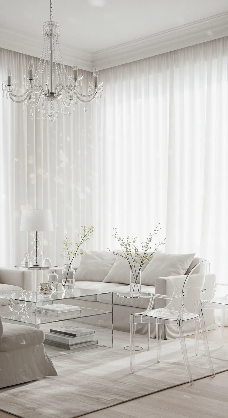 Witte, etherische woonkamer met transparante meubels, kristallen kroonluchter en veel licht.