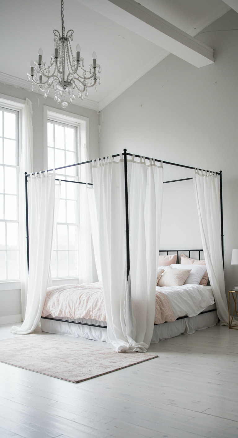 Witte slaapkamer met zwart metalen hemelbed, witte gordijnen en roze accenten.