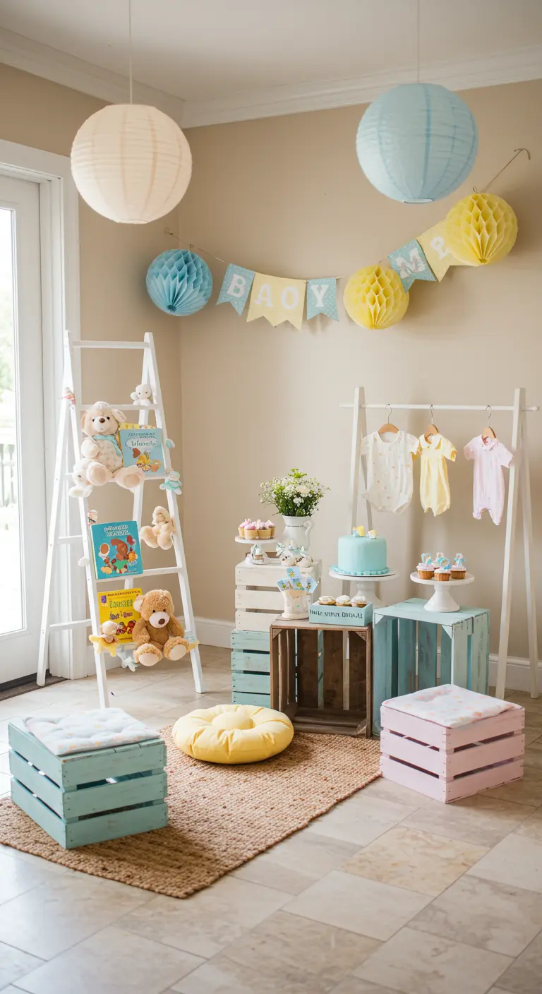 Babyshower decoratie met witte ladders, pastelkleurige kratten, knuffels, babykleding en een taart.