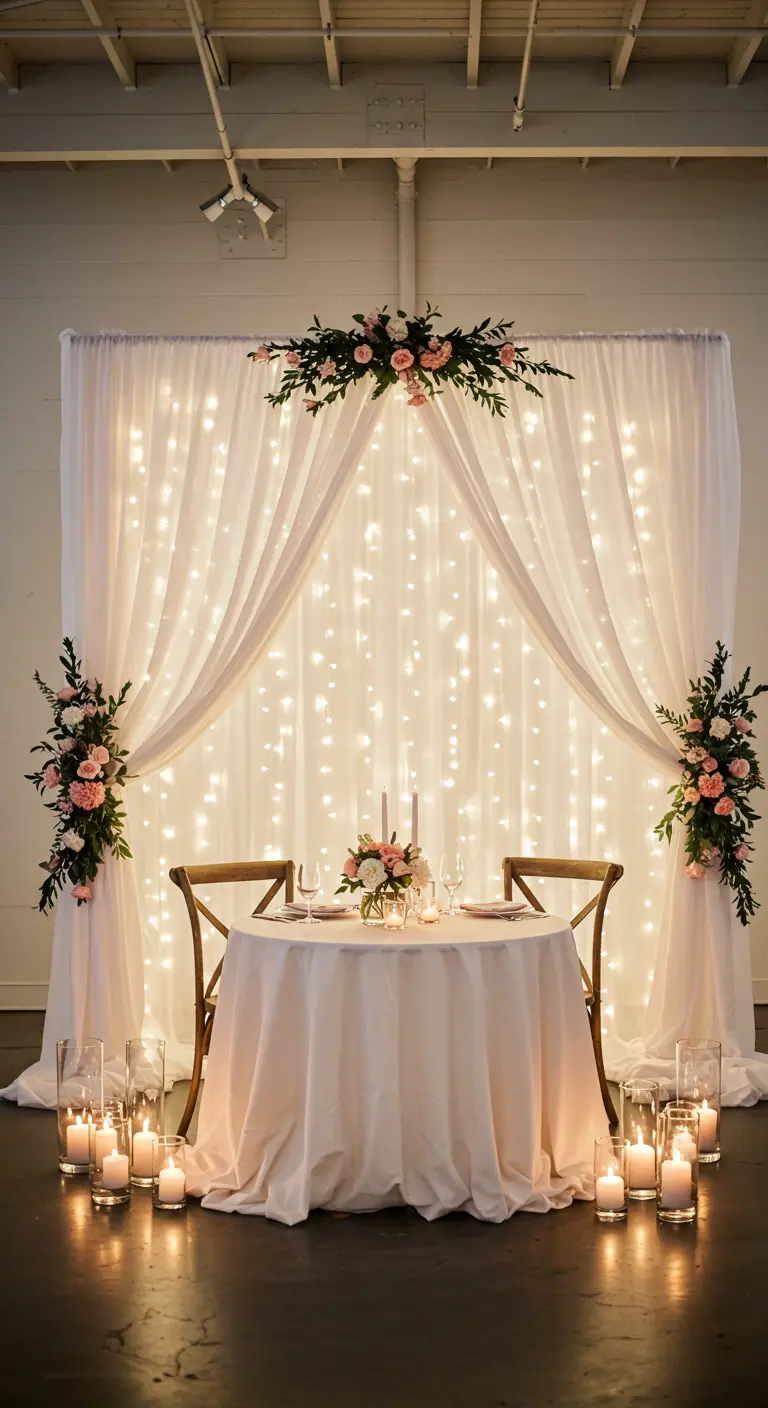 Romantische eethoeksetting met een backdrop van witte gordijnen en kerstlichtjes.