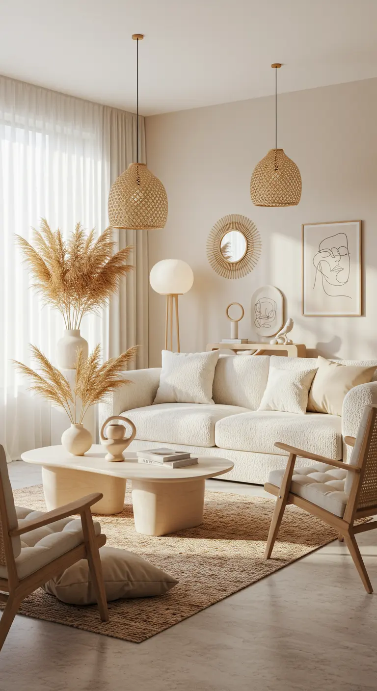 Boho woonkamer met witte bouclé bank, rotan lampen en veel pampasgras.