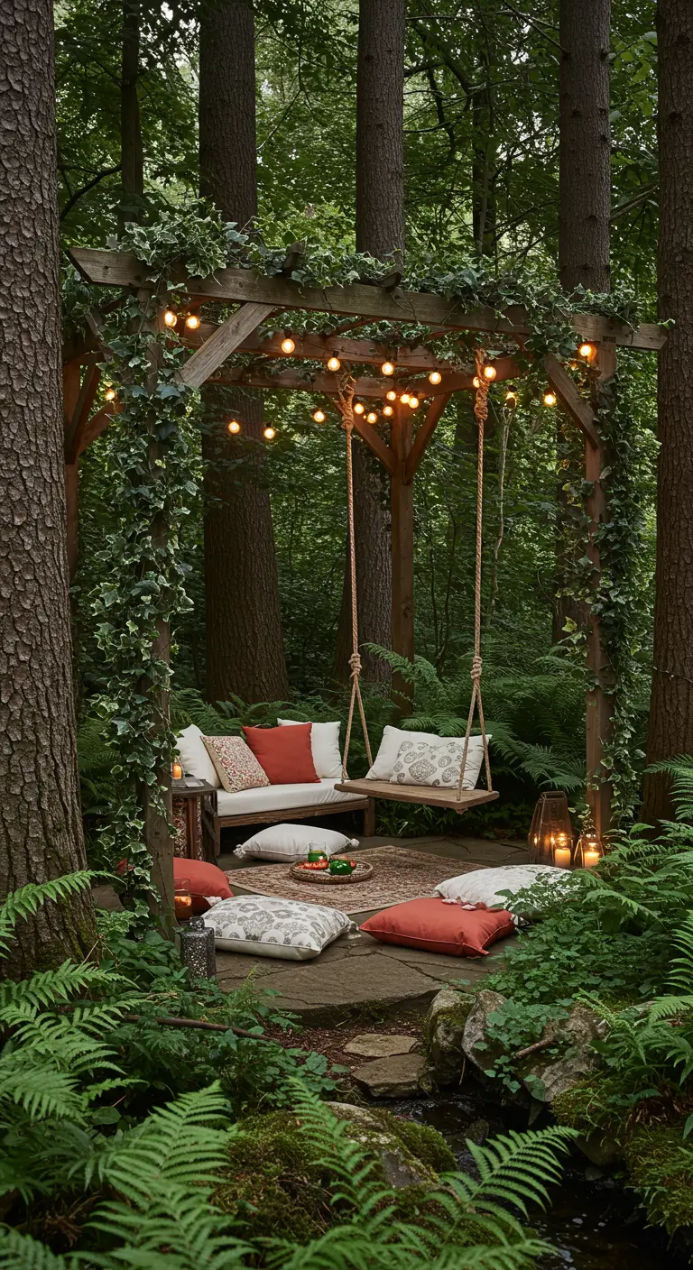 Dromerige bossetting met houten pergola, schommels, loungeset en lichtslingers.