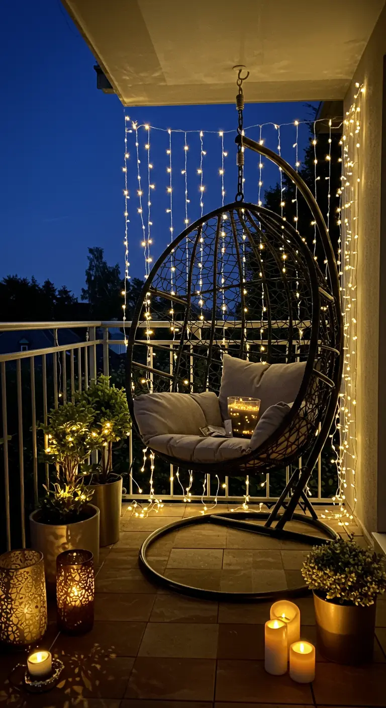 Balkon 's avonds met een hangstoel, een lichtgordijn erachter en kaarsen op de vloer.
