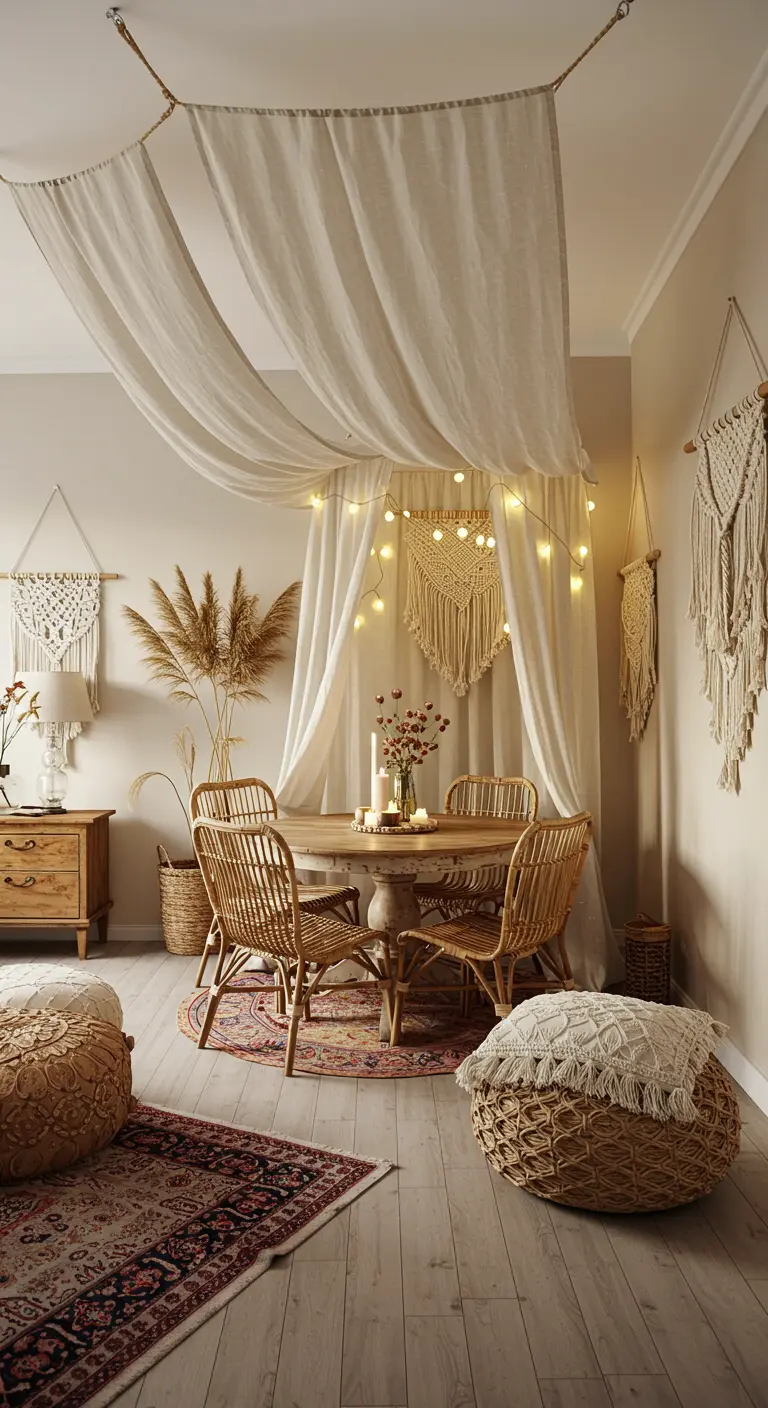 Boho eethoek met crèmekleurige doeken gedrapeerd aan het plafond boven ronde houten tafel.