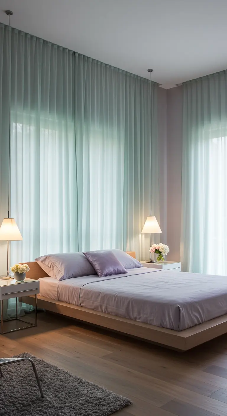 Lichte, transparante mintgroene gordijnen achter laag bed als zachte achtergrond.