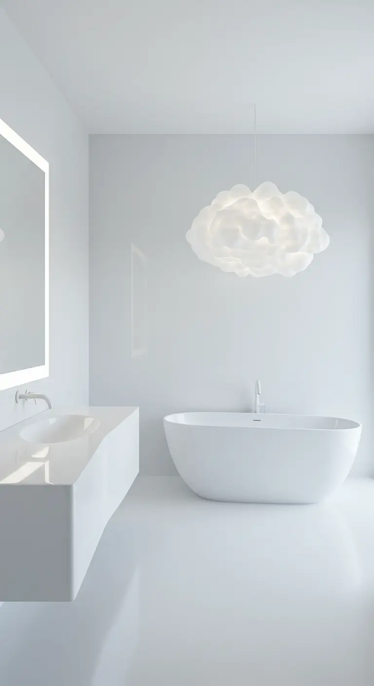 Minimalistische witte badkamer met een grote, wolkachtige design hanglamp boven het bad.