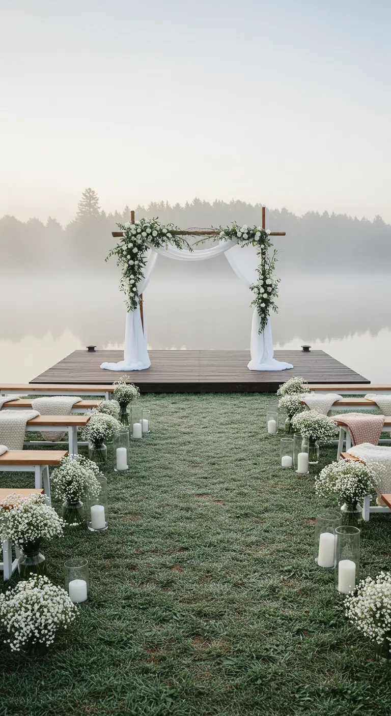 Ceremonie aan het water in de ochtendmist met witte bloemen en gipskruid.