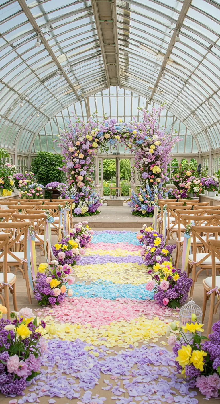 Ceremoniepad in kas met pastelkleurige bloemblaadjes en bloemenboog.