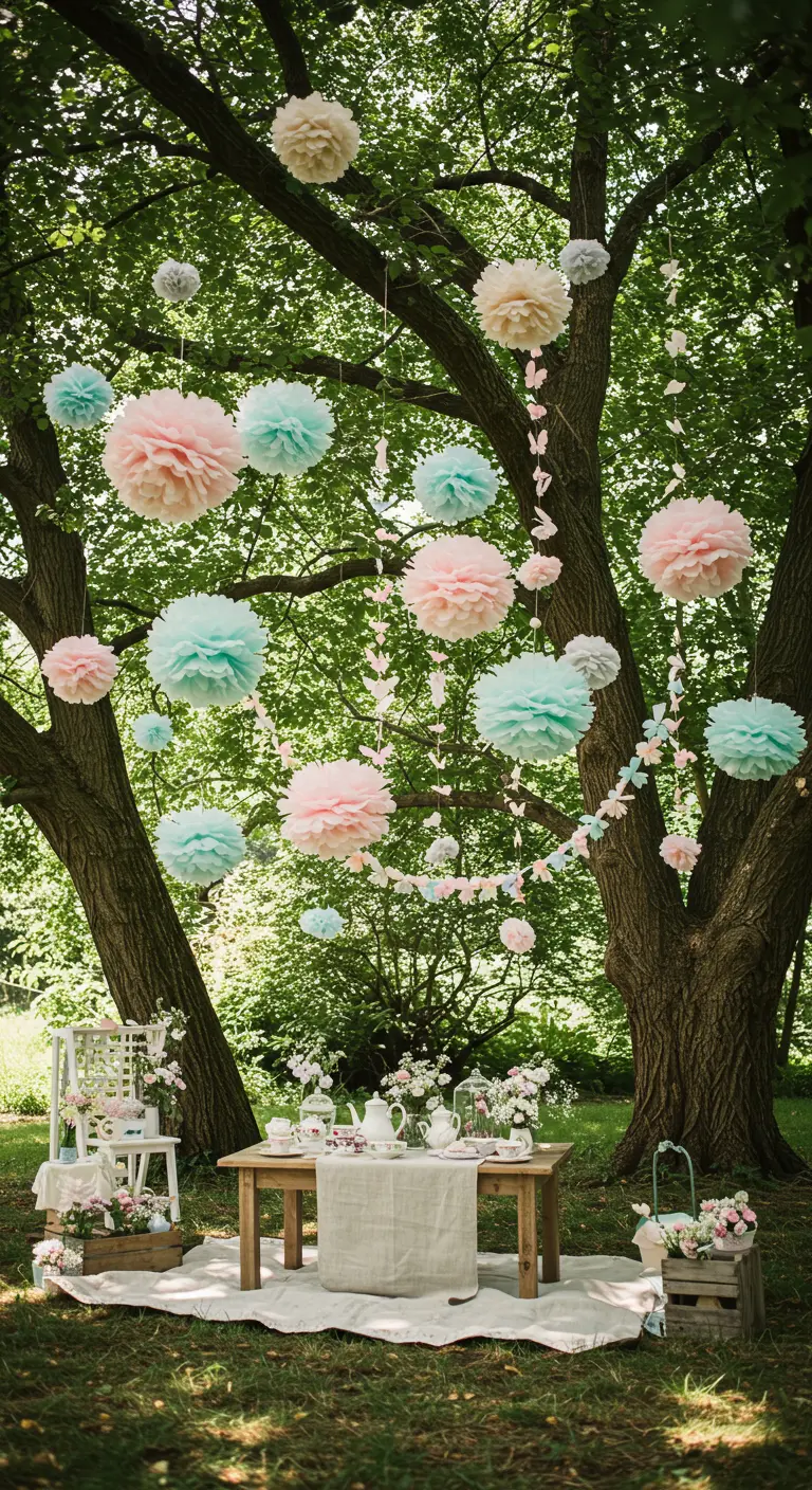 Pastelkleurige papieren pompons hangend aan bomen boven een tuintafel.