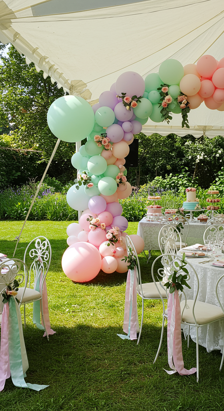 Pastelkleurige ballonnenboog met bloemen versiert een tuinfeest setting.