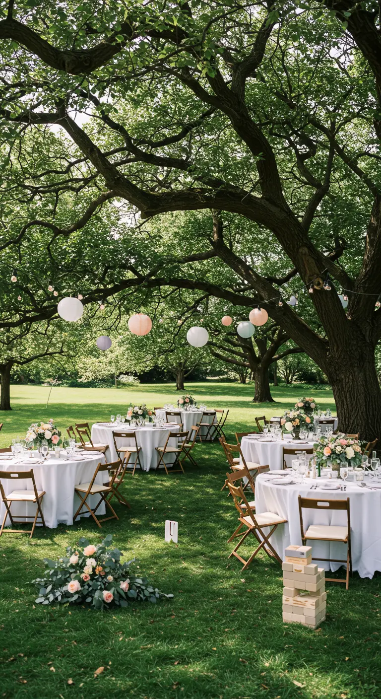 Elegante tuinreceptie met ronde tafels, wit linnen, bloemstukken en papieren lampionnen in bomen.