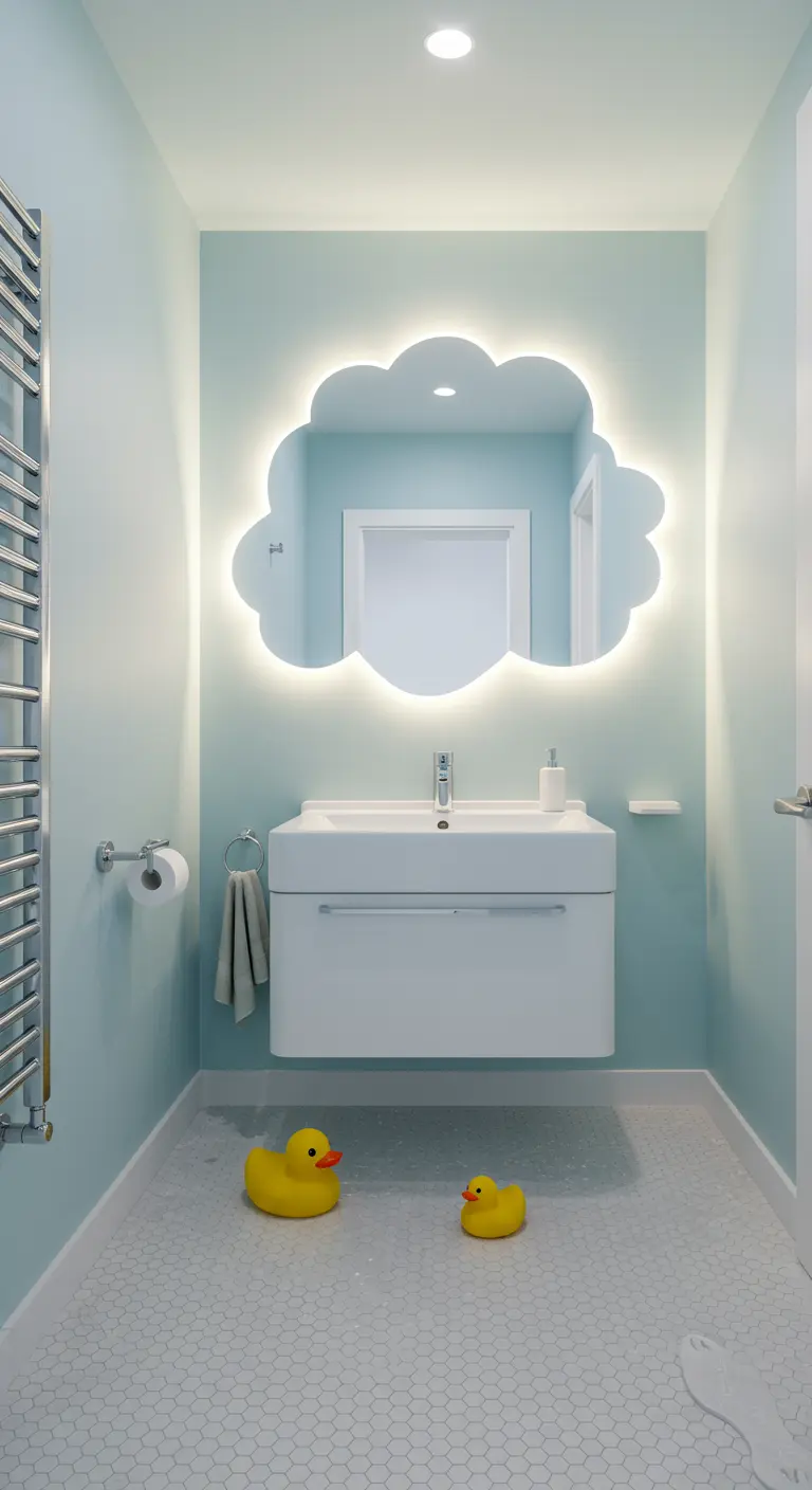Badkamer met een wolkvormige spiegel met LED-verlichting boven een witte wastafel.