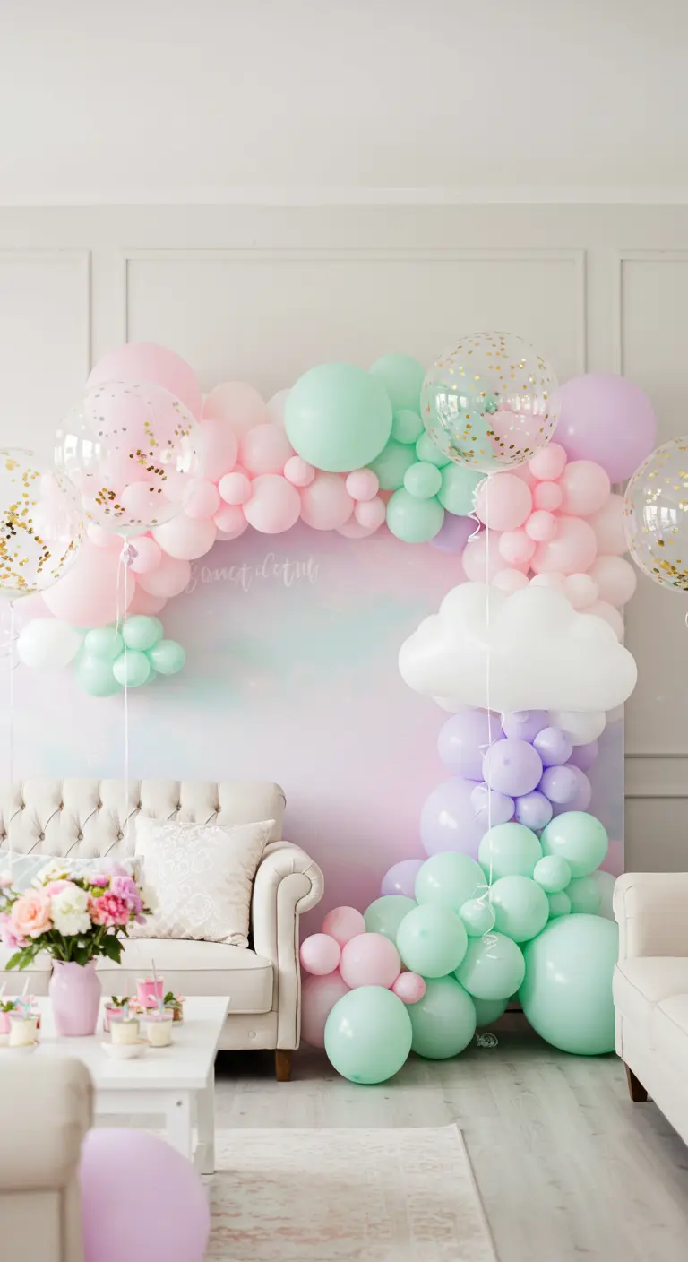 Pastelkleurige ballonwand met witte wolkenballonnen en confetti-ballonnen, zachte bank.