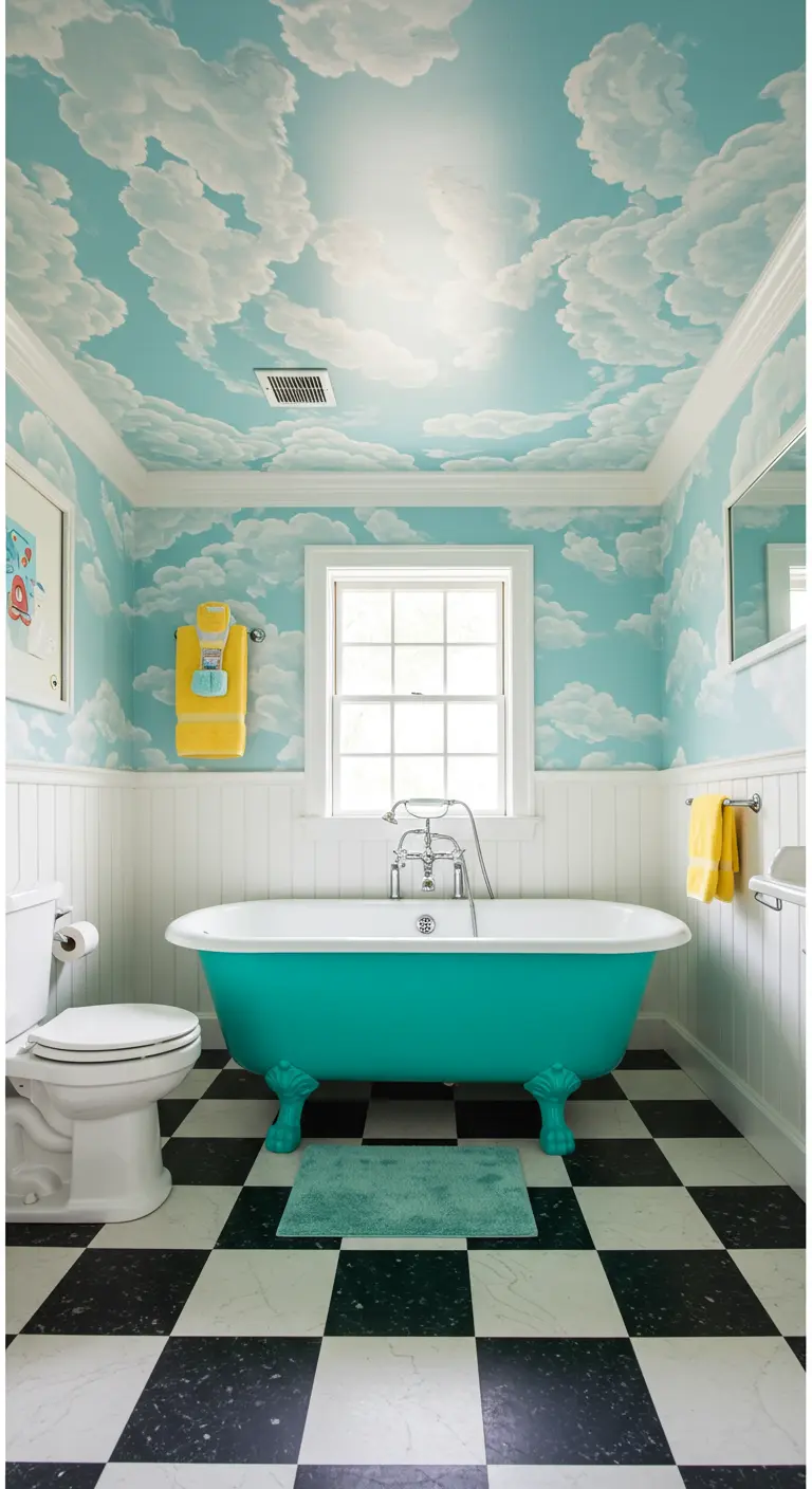 Badkamer met blauw plafond beschilderd met witte wolken en een turquoise badkuip.