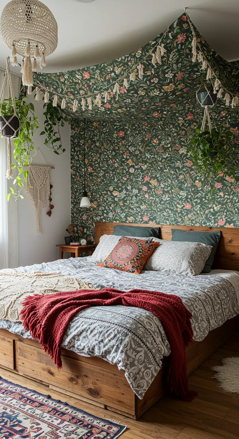 Bohemian slaapkamer met een gebloemd doek gespannen onder het plafond boven het bed.