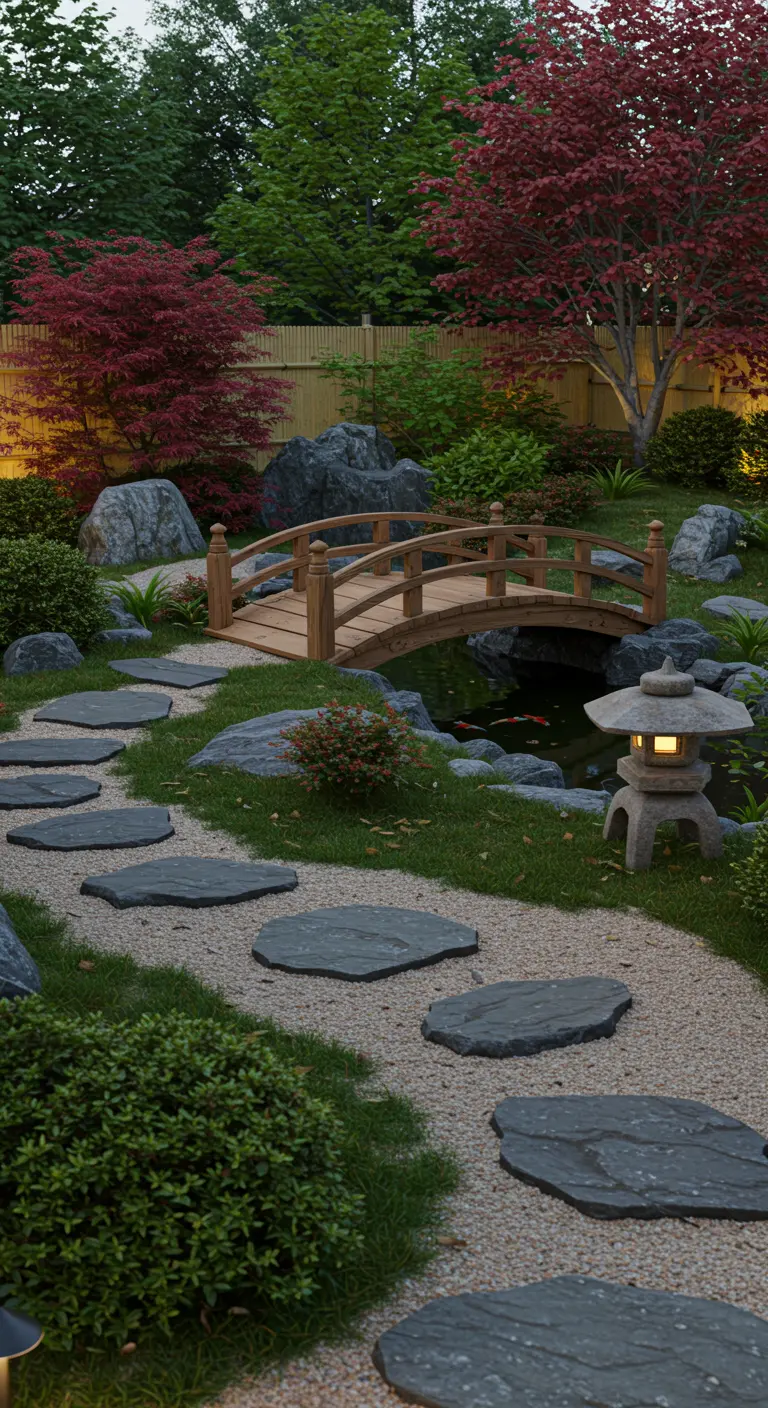 Japanse tuin met houten brug, stapstenen, stenen lantaarn en rode esdoorns.