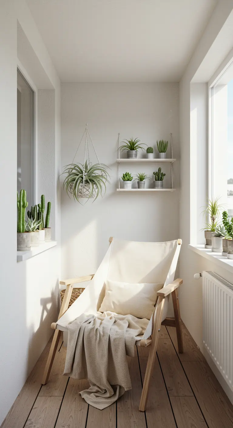 Lichte, minimalistische balkonhoek met witte stoel, cactussen en hangplant.