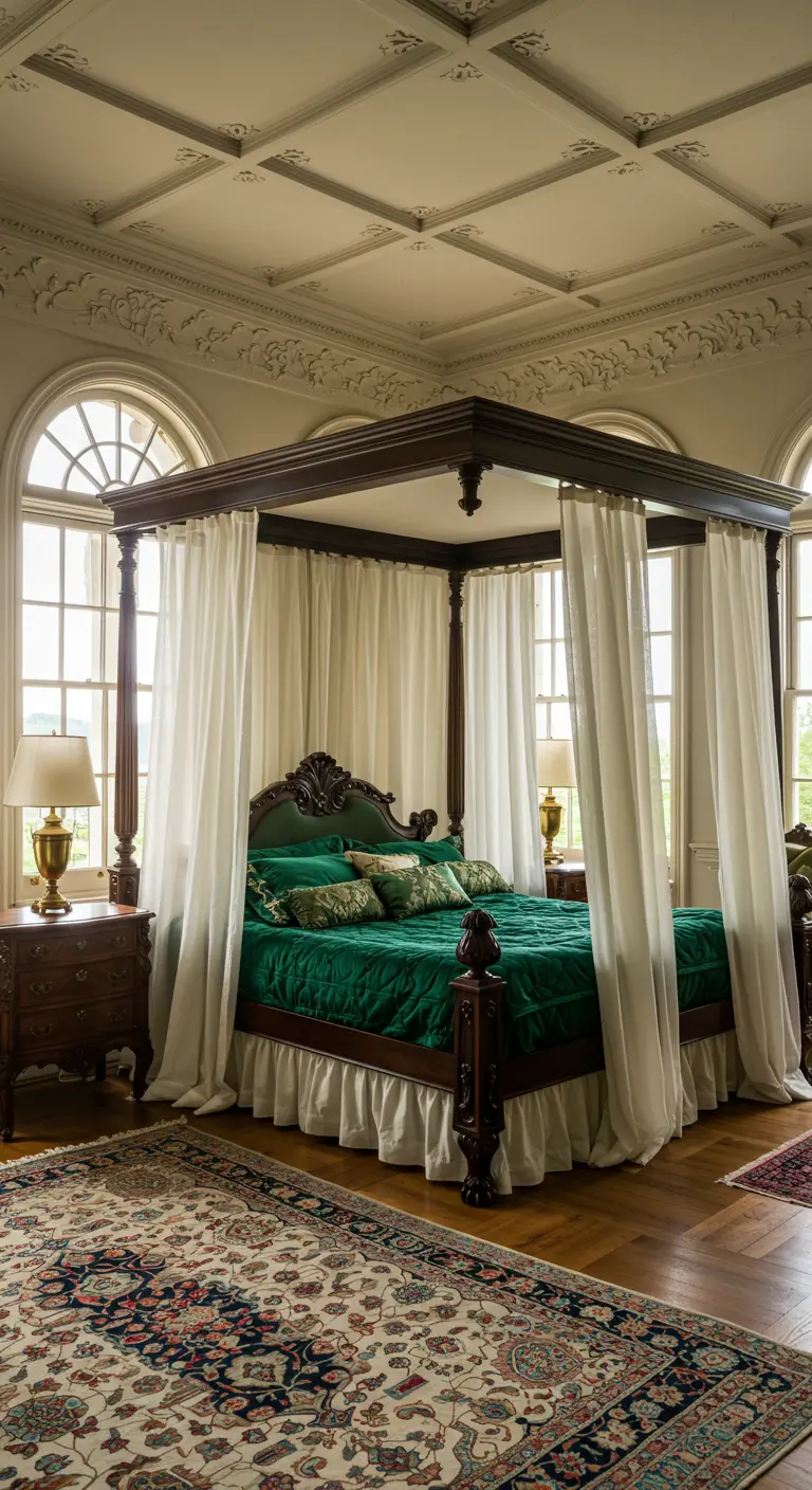 Klassiek houten hemelbed met smaragdgroen beddengoed en witte gordijnen in een ruime slaapkamer.