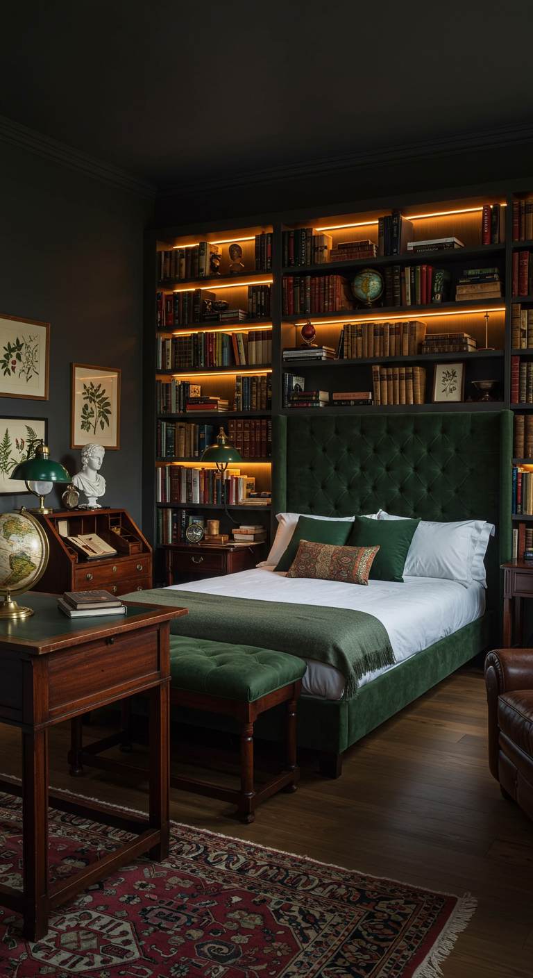 Donkere, sfeervolle slaapkamer met grote boekenkast, groen fluwelen bed en klassiek bureau.