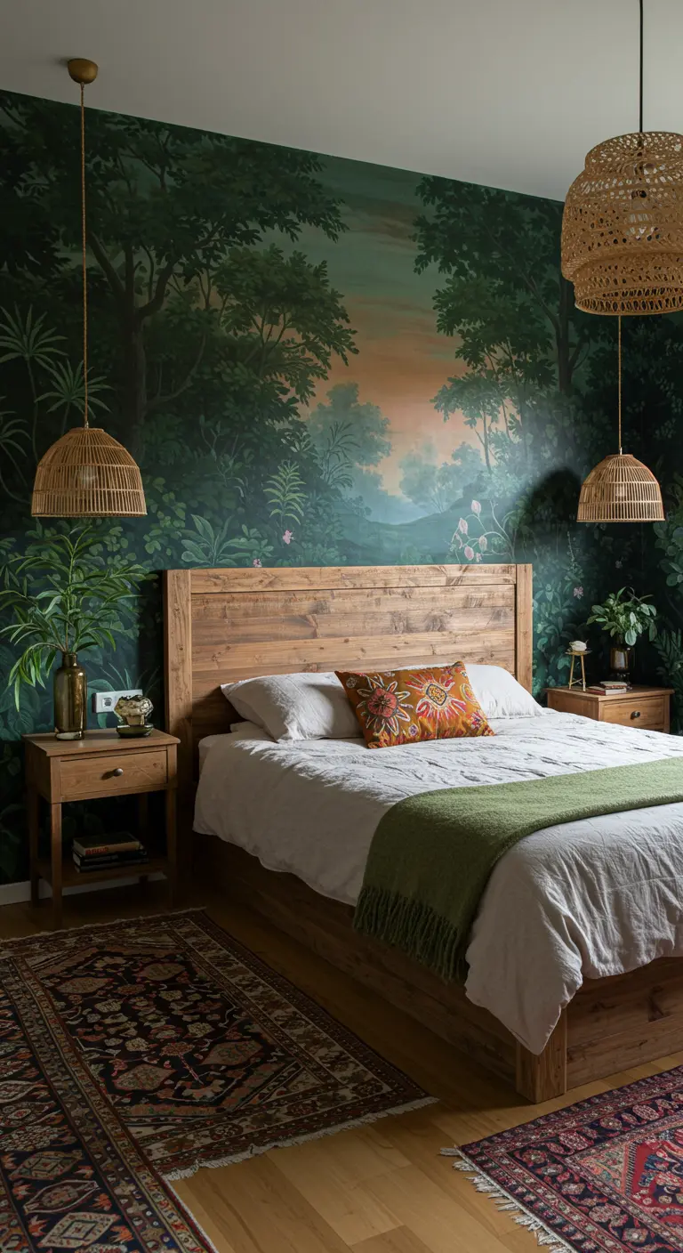 Boslandschap behang achter houten bed met rotan lampen.