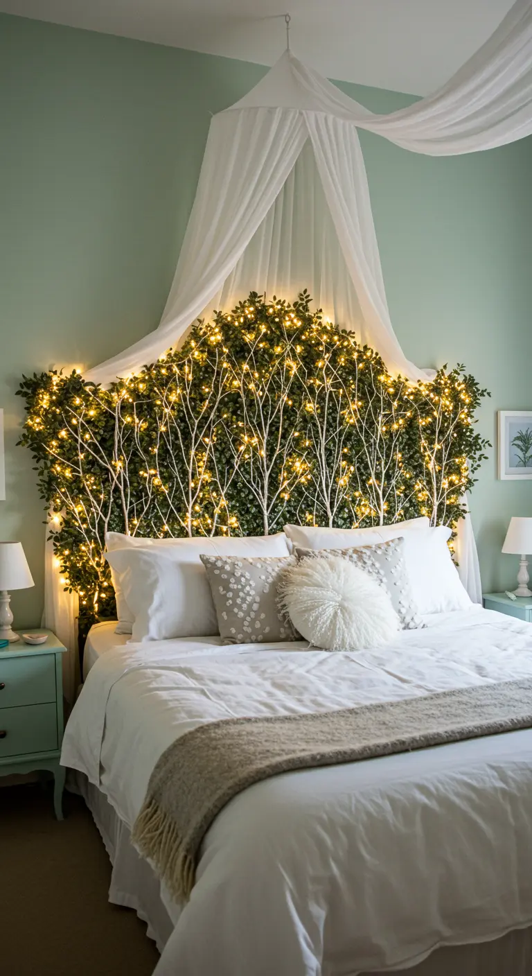 Hoofdbord van groene takken en bladeren, versierd met warme lichtjes en een klamboe.