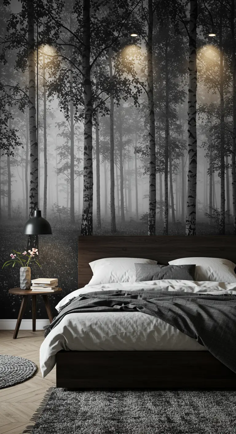 Slaapkamer met zwart-wit bos fotobehang achter het bed en houten accenten.