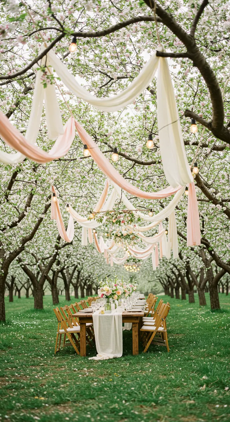 Lange dinertafels in bloesemboomgaard met hangende roze en witte stoffen en lichtslingers.