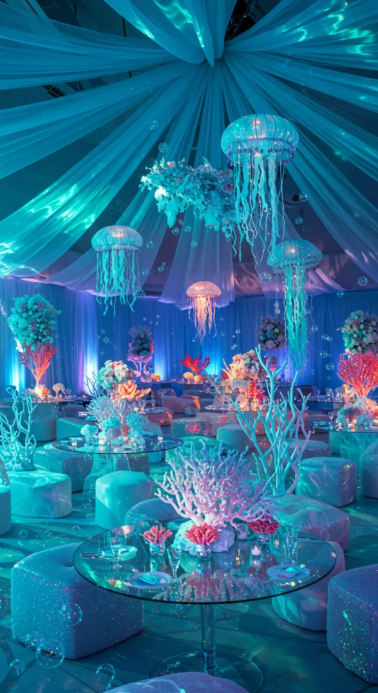 Feestzaal in blauwe en turquoise tinten met draperieën, kwal-decoraties en koraalstukken.