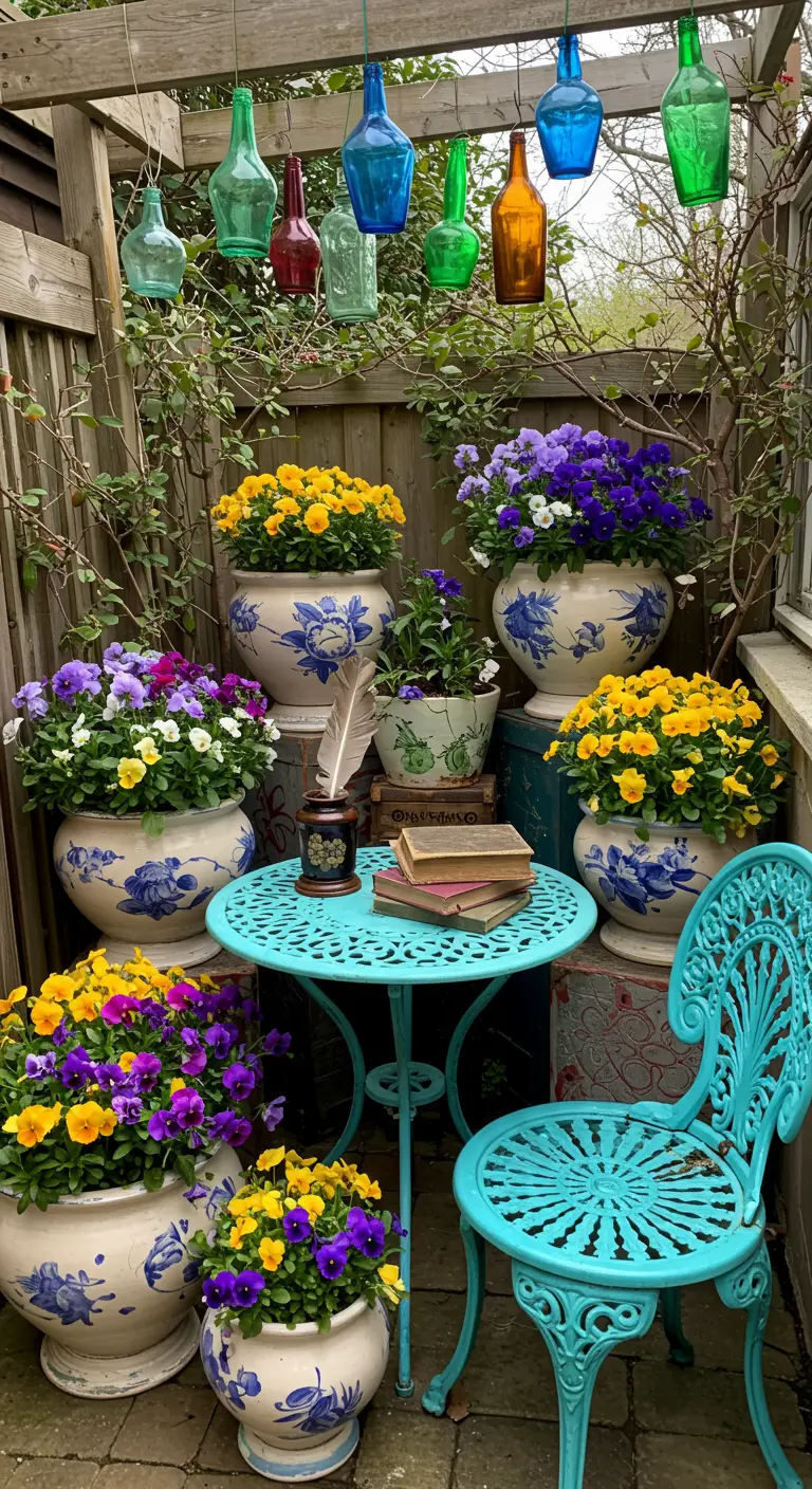 Buitenhoek met turkoois bistroset, Delfts blauwe potten vol bloemen en hangende gekleurde flessen.