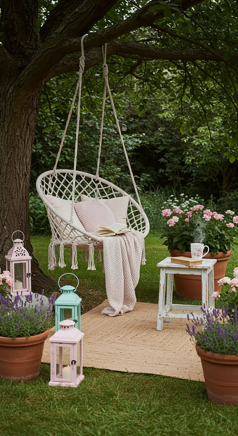 Witte macramé schommelstoel onder boom, pastel lantaarns, roze kussen.